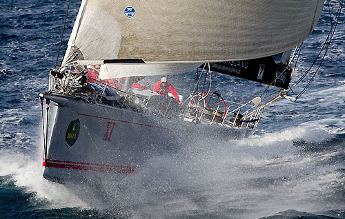 Bob Oatley's Wild Oats XI skippered by Mark Richards, approaching Tasman Island, during the Rolex Sydney Hobart 2010. Photo copyright Rolex and Carlo Borlenghi.