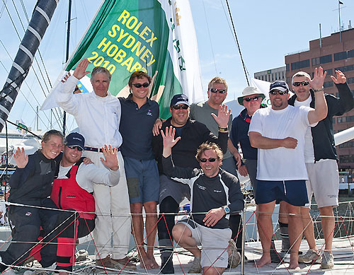 Father and son William and William Hubbard and crew from the US entry Dawn Star arrive in Hobart. Photo copyright Rolex and Daniel Forster.
