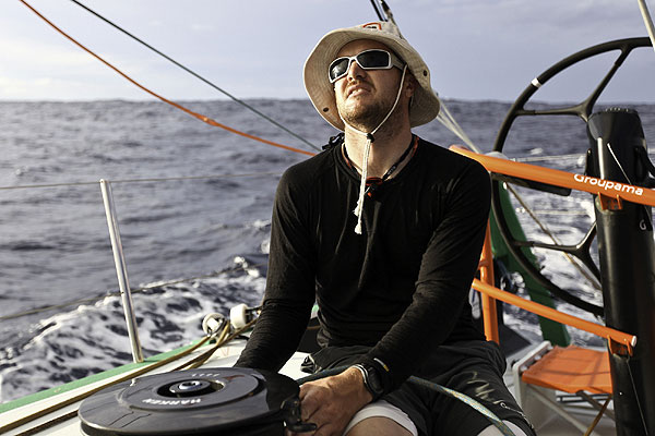 Phil Harmer onboard Groupama Sailing Team during leg 1 of the Volvo Ocean Race 2011-12, from Alicante, Spain to Cape Town, South Africa. Photo Yann Riou / Groupama Sailing Team / Volvo Ocean Race.