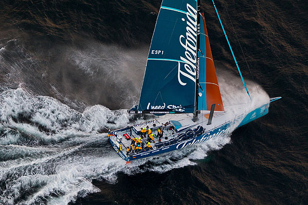 Team Telefonica, skippered by Iker Martinez from Spain approaches Cape Town on leg 1 of the Volvo Ocean Race 2011-12 from Alicante, Spain to Cape Town, South Africa. Photo Ian Roman / Volvo Ocean Race.