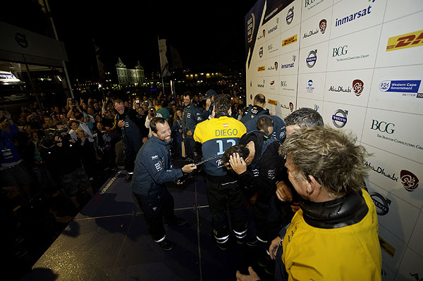 Team Telefonica, skippered by Iker Martinez from Spain are the first to finish Leg 1 of the Volvo Ocean Race 2011-12 from Alicante, Spain to Cape Town, South Africa. Photo Paul Todd / Volvo Ocean Race.