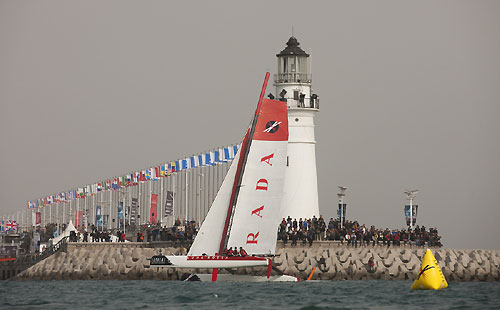 Luna Rossa racing close to the shore on day 2 of racing, during the Extreme Sailing Series 2011, Qingdao, China. Photo copyright Lloyd Images.