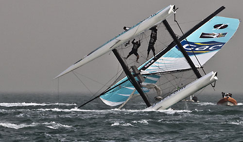 Team GAC Pindar capsize in the final race on day 3, during the Extreme Sailing Series 2011, Qingdao, China. Photo copyright Giordana Pipornetti, Niceforyou.