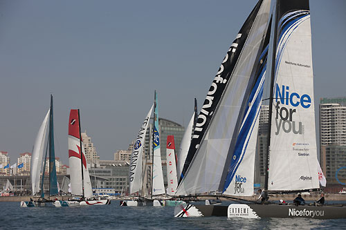 NiceForYou, Alinghi, Team GAC Pindar and Oman Air, during the Extreme Sailing Series 2011, Qingdao, China. Photo copyright Lloyd Images.
