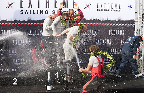 Luna Rossa on the podium celebrating their victory at Act 2 in Qingdao, during the Extreme Sailing Series 2011, Qingdao, China. Photo copyright Lloyd Images.