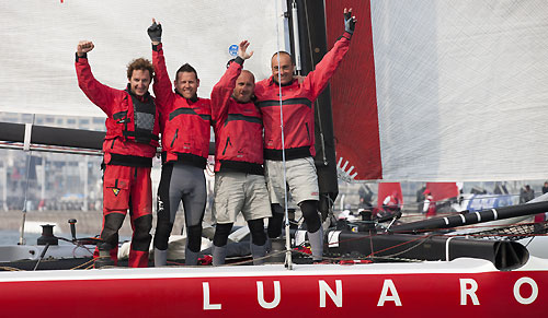 Luna Rossa crew onboard celebrating, during the Extreme Sailing Series 2011, Qingdao, China. Photo copyright Lloyd Images.