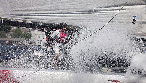 Alinghi taking a spray on day 2 in the gusty conditions, during the Extreme Sailing Series 2011, Istanbul, Turkey. Photo copyright Lloyd Images.