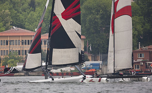 Alinghi crashes into Team Extreme in the biggest crash of the 2011 Extreme Sailing Series, on day 3 of Act 3, Instanbul, during the Extreme Sailing Series 2011, Istanbul, Turkey. Photo copyright Lloyd Images. 