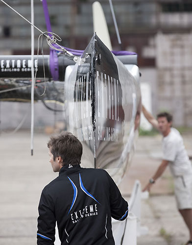 The damaged Alinghi on land ready for repair work to begin after crashing in to Team Extreme on day 3 of Act 3, Instanbul, during the Extreme Sailing Series 2011, Istanbul, Turkey. Photo copyright Lloyd Images. 