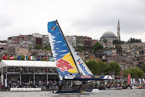 Red Bull Extreme Sailing airborn in front of the VIP tent in the race village, on day 5 of Act 3, Instanbul, during the Extreme Sailing Series 2011, Istanbul, Turkey. Photo copyright Lloyd Images.