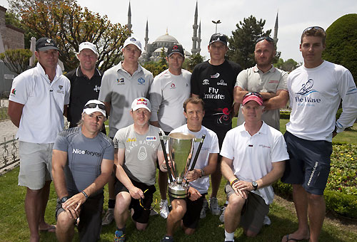 The skippers of Act 3 of the Extreme Sailing Series in front of the Blue Mosque, during the Extreme Sailing Series 2011, Istanbul, Turkey. Photo copyright Lloyd Images.