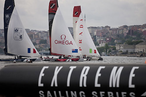 Emirates Team New Zealand, Groupe Edmond de Rothschild and Luna Rossa in tight formation on day 5 of Act 3, Instanbul, during the Extreme Sailing Series 2011, Istanbul, Turkey. Photo copyright Lloyd Images.