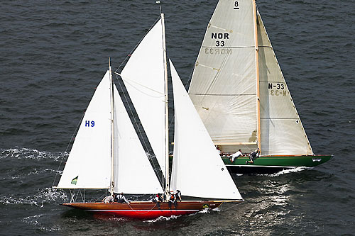 Andi Lochbrunner's 8mR Elfe II (1912 GER H 9) from Lindau, Germany and HM King Harald V of Norway's 8mR (1938 NOR 33) from Oslo, Norway. Photo copyright Rolex and Daniel Forster.