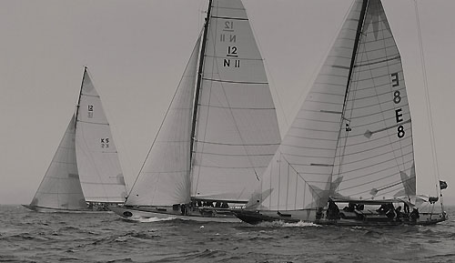 Framnes AS' 12mR Erna Signe (E 8, 1911) from Sandefjord, Norway, Skipsrederiet Vema III AS and Eric Svenkerud's 12mR Vema III (1933, N 11) from Oslo, Norway, and Patrick Howaldt's 12mR Vanity V (1936, K 5) from Copenhagen, Denmark; during the 2011 Rolex Baltic Week. Photo copyright Rolex and Daniel Forster.