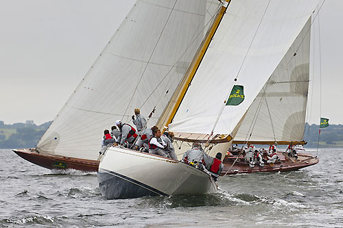 Josef Martin's 12mR Anitrta (US 5, 1928) from Radolfzell, Germany, crossing Patrick Howaldt's 12mR Vanity V (K 5, 1936) from Copenhagen, Denmark, during the 2011 Rolex Baltic Week. Photo copyright Rolex and Daniel Forster.