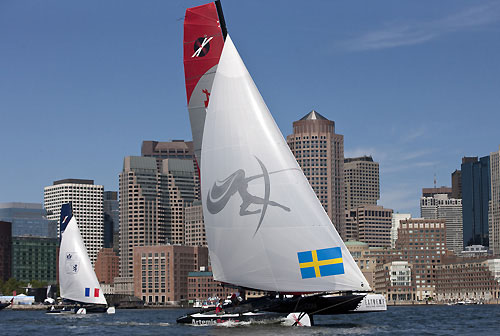 Act 4, Boston - Day 1, Artemis Racing leading over Groupe Edmond de Rothschild, during the Extreme Sailing Series 2011, Boston, USA. Photo Copyright Lloyd Images.