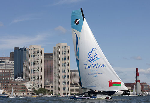 The Wave-Muscat with new skipper Leigh McMillan at the helm, during the Extreme Sailing Series 2011, Boston, USA. Photo Copyright Lloyd Images.