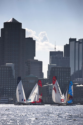 The fleet race on the stunning city waters, during the Extreme Sailing Series 2011, Boston, USA. Photo Copyright Lloyd Images.