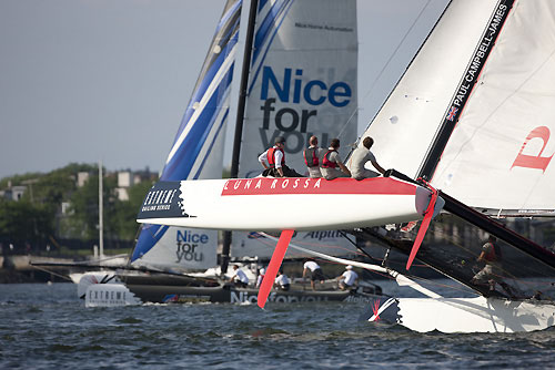 Luna Rossa flying a hull during racing on day 1, during the Extreme Sailing Series 2011, Boston, USA. Photo Copyright Lloyd Images.