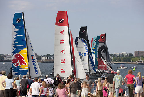 Spectators watch the racing metres away from them on day 3 in Boston, during the Extreme Sailing Series 2011, Boston, USA. Photo Copyright Lloyd Images.
