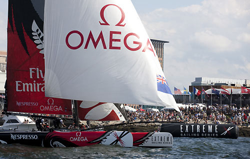 Emirates Team New Zealand racing close to shore on day 3 of Act 4, during the Extreme Sailing Series 2011, Boston, USA. Photo Copyright Lloyd Images.