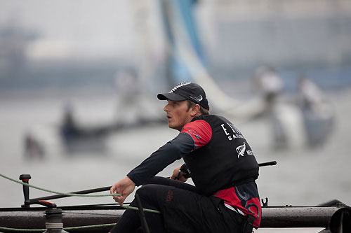 Dean Barker skipper of Emirates Team New Zealand at the helm, during the Extreme Sailing Series 2011, Boston, USA. Photo Copyright Lloyd Images.