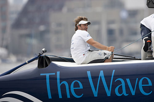 Leigh McMillan skipper of The Wave-Muscat on day 4, during the Extreme Sailing Series 2011, Boston, USA. Photo Copyright Lloyd Images.