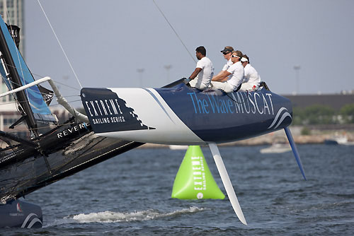 The Wave-Muscat flying high, during the final day of Act 4 of the Extreme Sailing Series 2011, Boston, USA. Photo Copyright Lloyd Images.