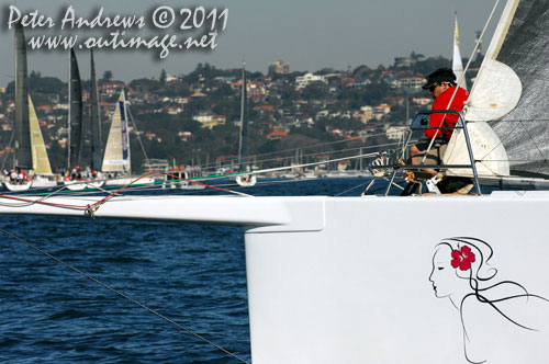 Thr bowman onboard Peter Millard and John Honan's 30 metre maxi Lahana, ahead of the start of the Audi Sydney Gold Coast 2011. Photo copyright Peter Andrews, Outimage Australia.