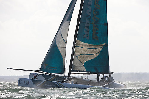 Oman Air racing back on Day 1of the Extreme Sailing Series 2011, Cowes, United Kingdom. Photo copyright Lloyd Images.