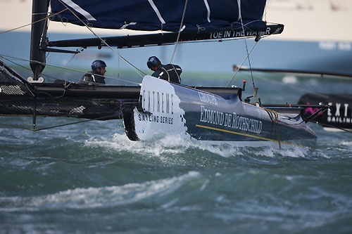 Groupe Edmond de Rothschild collides with Artemis Racing at Cowes during Day 2 of Act 5 of the Extreme Sailing Series 2011, Cowes, United Kingdom. Photo copyright Lloyd Images.