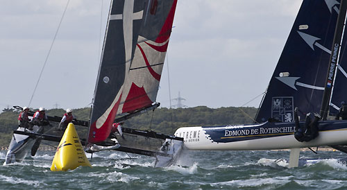 Groupe Edmond de Rothschild collides with Artemis Racing at Cowes during Day 2 of Act 5 of the Extreme Sailing Series 2011, Cowes, United Kingdom. Photo copyright Giordana Pipornetti - Niceforyou.