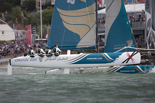 Sidney Gavignet's Oman Air racing on Day 3 at the Extreme Sailing Series 2011, Cowes, United Kingdom. Photo copyright Lloyd Images.