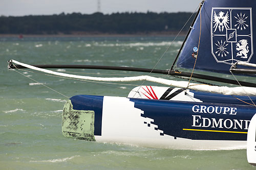 Groupe Edmond de Rothschild's repairs after their collision with Artemis Racing at the Extreme Sailing Series 2011, Cowes, United Kingdom. Photo copyright Lloyd Images.