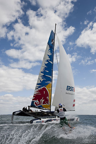 Quentin Delefortrie wakeboarding behind Red Bull Extreme Sailing's Extreme 40 at the Extreme Sailing Series 2011, Cowes, United Kingdom. Photo copyright Lloyd Images.