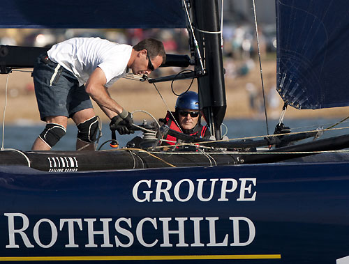 Vincent Riou, winner of the 2004/05 Vendée Globe, takes the 5th man spot onboard Groupe Edmond de Rothschild at the Extreme Sailing Series 2011, Cowes, United Kingdom. Photo copyright Lloyd Images.