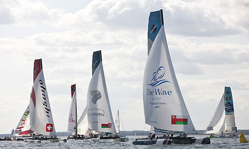 Fleet racing on Day 4 at Cowes during the Extreme Sailing Series 2011, Cowes, United Kingdom. Photo copyright Lloyd Images.