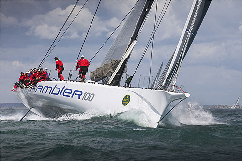 George David's Rambler 100 leaving the Solent, during the Rolex Fastnet Race 2011. Photo copyright Rolex and Daniel Forster.