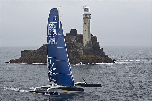 Seb Josse's Gitana 11 rounding Fastnet Rock, during the Rolex Fastnet Race 2011. Photo copyright Rolex and Carlo Borlenghi.