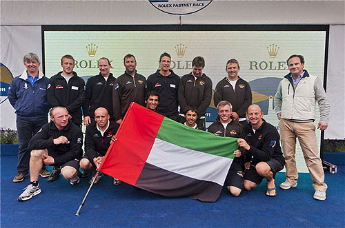 Abu Dhabi Ocean Racing team, Eddie Warden Owen from the Royal Ocean Racing Club and Lionel Schurch from Rolex, during the Rolex Fastnet Race 2011. Photo copyright Rolex and Carlo Borlenghi.