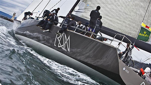 Niklas Zennström's Rán (GBR) crossing the finish line off Plymouth to win the 2011 Rolex Fastnet Race. Photo copyright Rolex and Carlo Borlenghi.