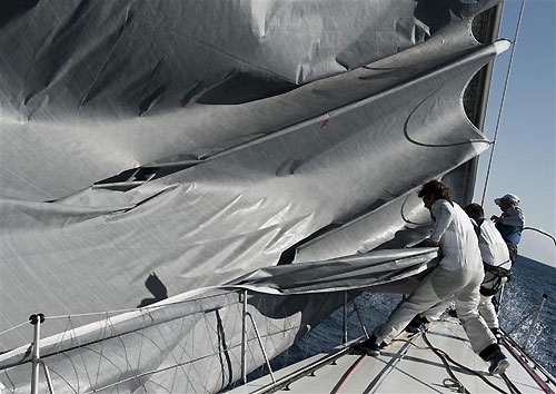 Onboard Igor Simcic�s Reichel Pugh 100 Esimit Europa 2 (SLO), while training off Valletta, ahead of the start of the Rolex Middle Sea Race 2011. Photo copyright Kurt Arrigo, Rolex.