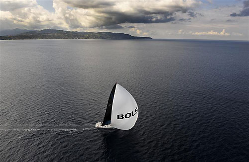 Laurent Pellecuer and Oscar Kouyukhov’s 90-foot maxi Med Spirit (FRA) clearing the Strait of Messina, during the Rolex Middle Sea Race 2011. Photo copyright Kurt Arrigo, Rolex.