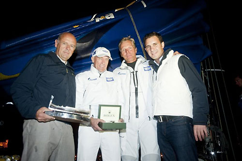 At the line honours presentation from left to right are Georges Bonello Dupuis, Commodore RMYC; Igor Simcic, Owner of Esimit Europa 2; Jochen Sch�mann, skipper of Esimit; and Malcolm Lowell Jr. from Edwards Lowell Co. Ltd., during the Rolex Middle Sea Race 2011. Photo copyright Rene Rossignaud, Rolex.