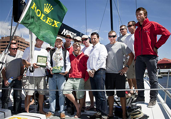 Owner of Loki and overall handicap winner Stephen Ainsworth (holding the Tattersall�s Cup) and his crew with Patrick Boutellier from Rolex Australia. Photo copyright Daniel Forster, Rolex.