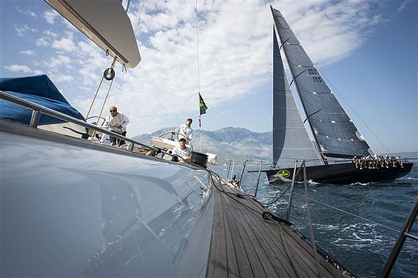Sir Peter Ogden’s 60-foot Mini Maxi Jethou (GBR), crosses in front of Filip Balcaen’s 112-ft Supermaxi Nilaya (BEL), during windward-leeward race leading up to the the Rolex Volcano Race 2012. Photo copyright Kurt Arrigo for Rolex.