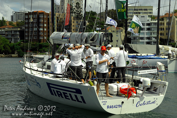 Sam Haynes' Rogers 46 Celestial-Assistance Dogs, leaving the docks of the Cruising Yacht Club for the start of the 2012 Sydney Hobart Yacht Race. Photo copyright Peter Andrews, Outimage Australia.