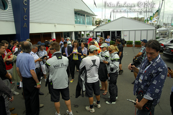 A media scrum dockside at the Cruising Yacht Club of Australia ahead of the start of the 2012 Sydney Hobart Yacht Race. Photo copyright Peter Andrews, Outimage Australia.