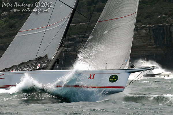 Bob Oatley's Wild Oats XI at the heads of Sydney Harbour after the start of the 2012 Sydney Hobart Yacht Race. Photo copyright Peter Andrews, Outimage Australia.