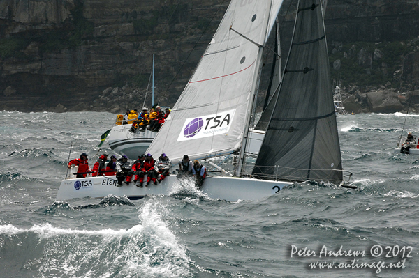 Tony Levett's Sydney 38 TSA Eleni and Trevor Bailey's Beneteau First 40 Carbon Credits, outside the heads of Sydney Harbour after the start of the 2012 Sydney Hobart Yacht Race. Photo copyright Peter Andrews, Outimage Australia.